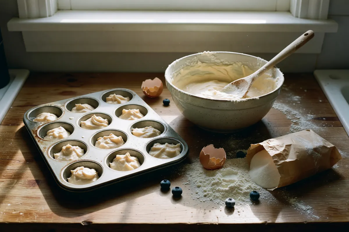 muffin tin with batter bowl on the counter