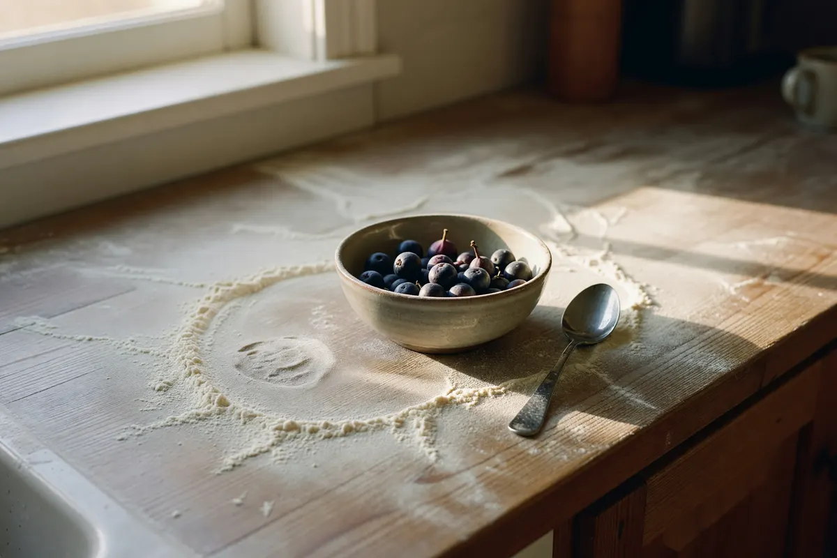 flour covered counter with figberries