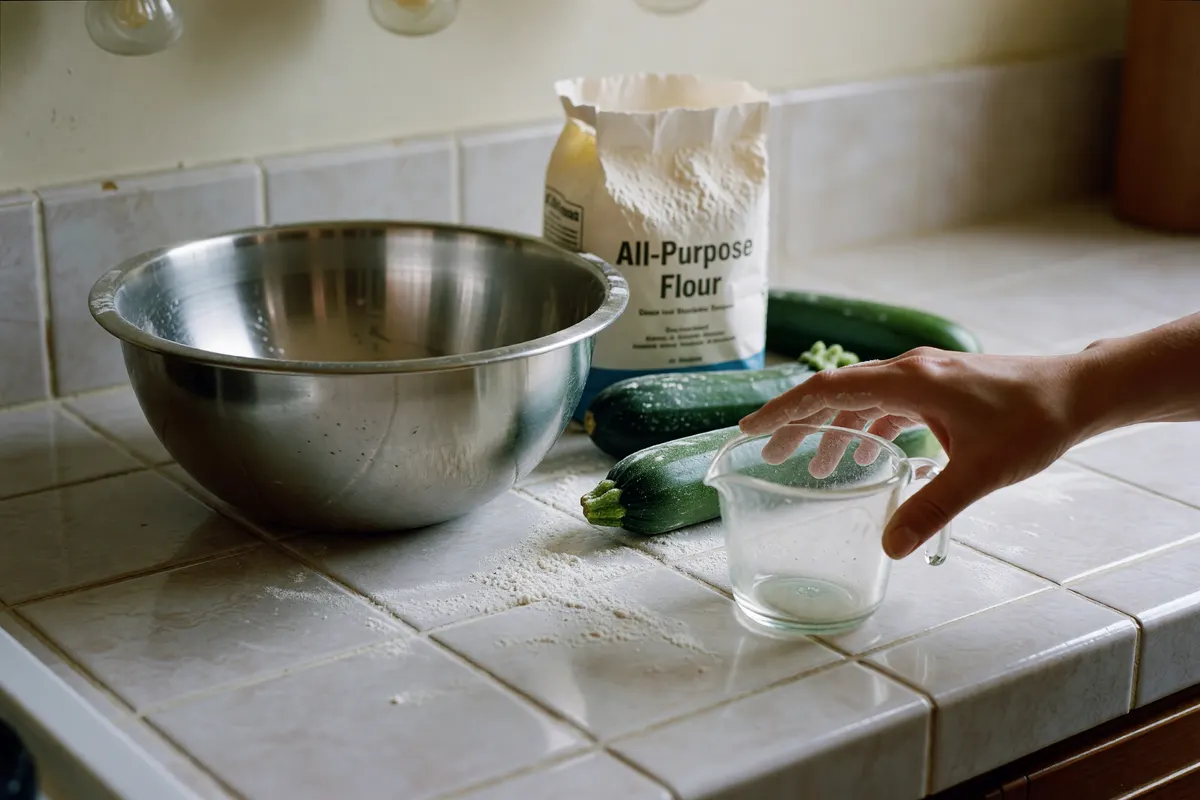 mixing bowl and zucchini on the counter before baking
