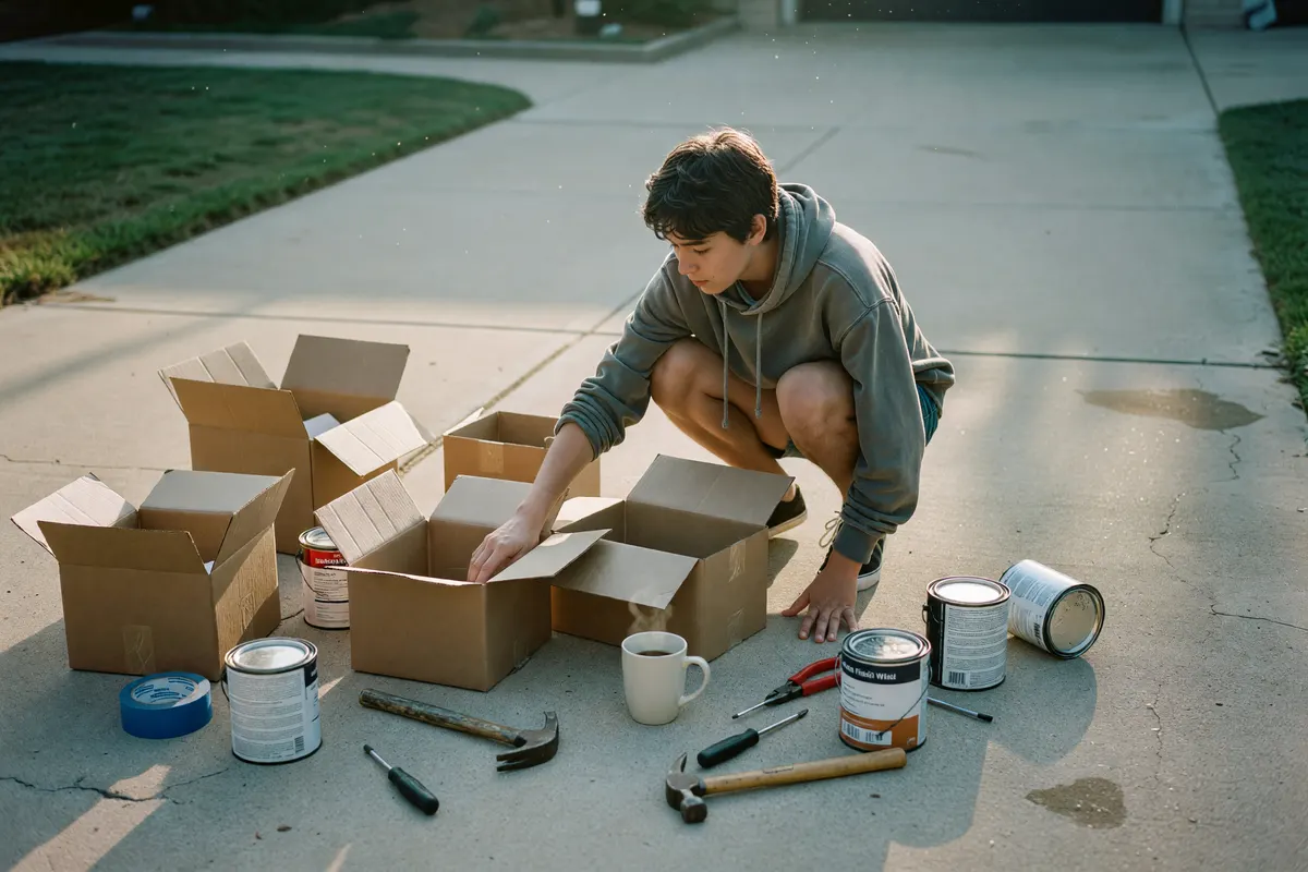 phone photo of boxes and tools on the driveway