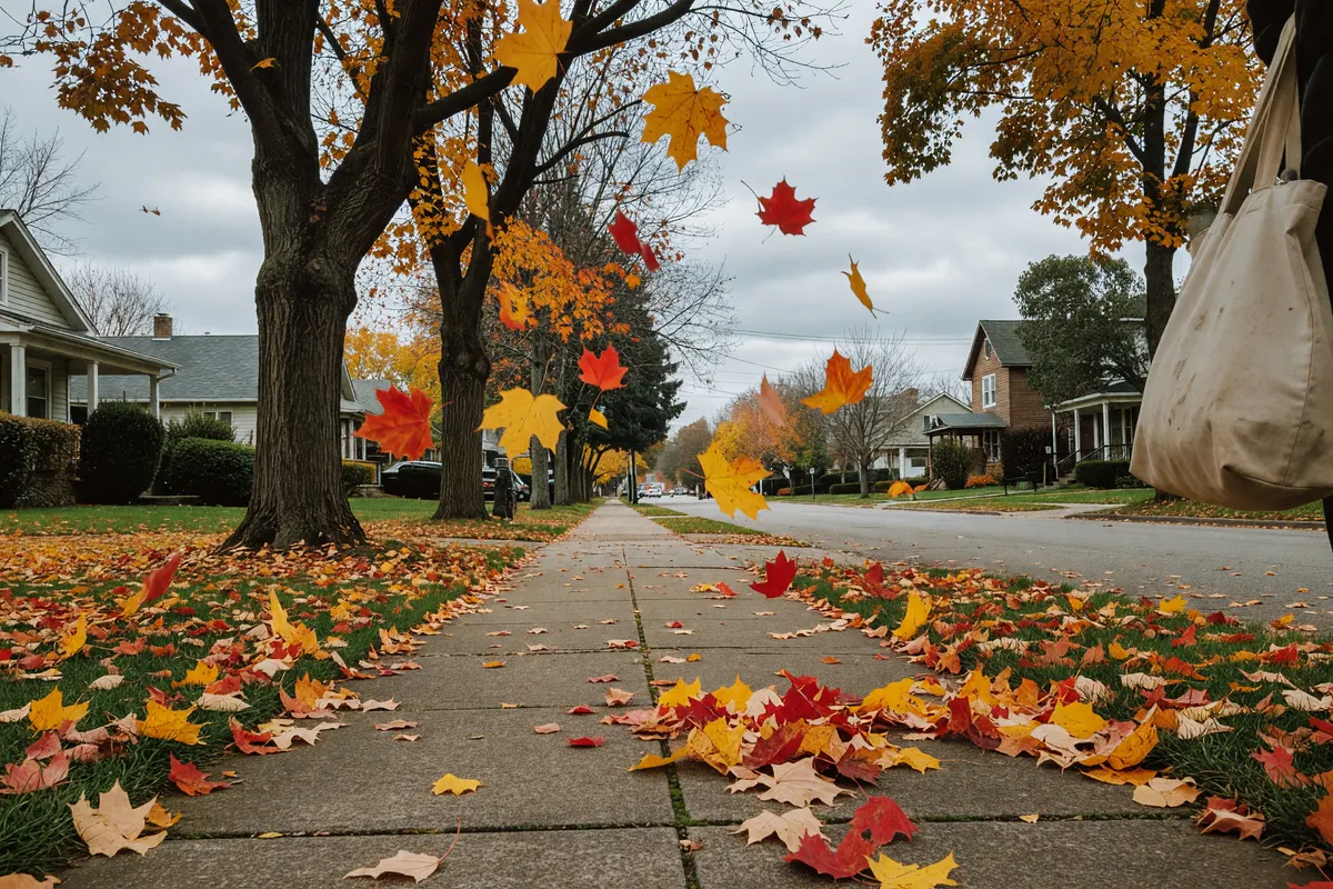 sidewalk with maples starting to drop their leaves