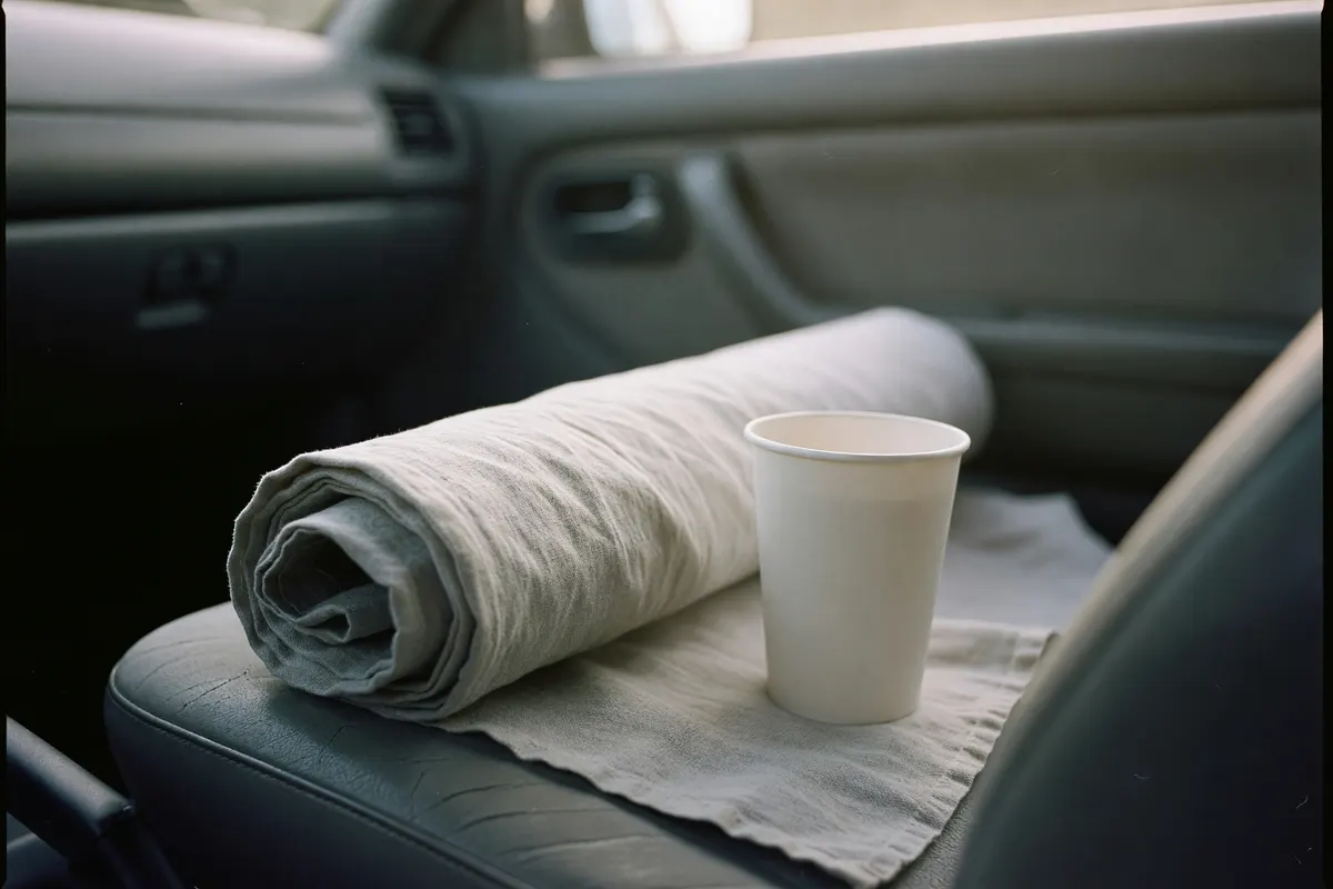 linen and tea in the passenger seat