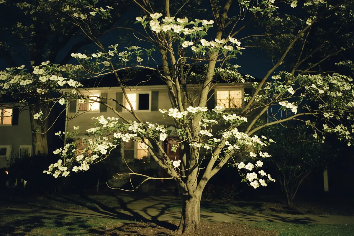 dogwood and the house with one dark window