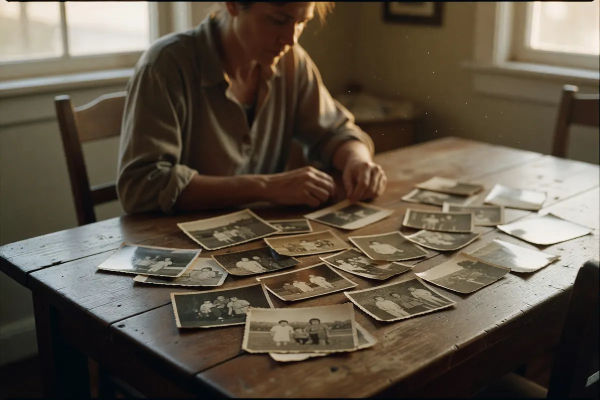 table full of photos after i wiped it down