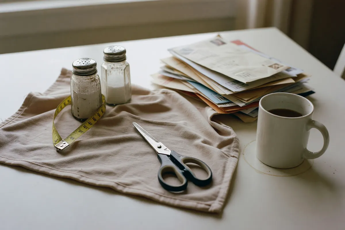 table with fabric laid out and sewing stuff