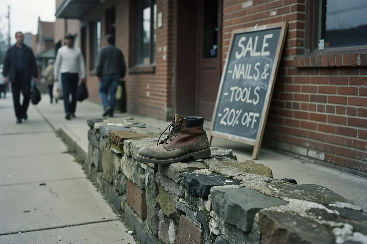 shoe on the stone wall by the hardware store