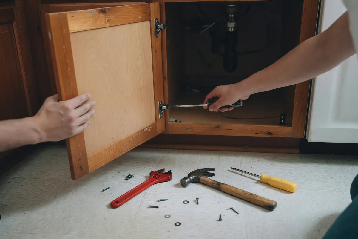 fixing the hinge on the cabinet door