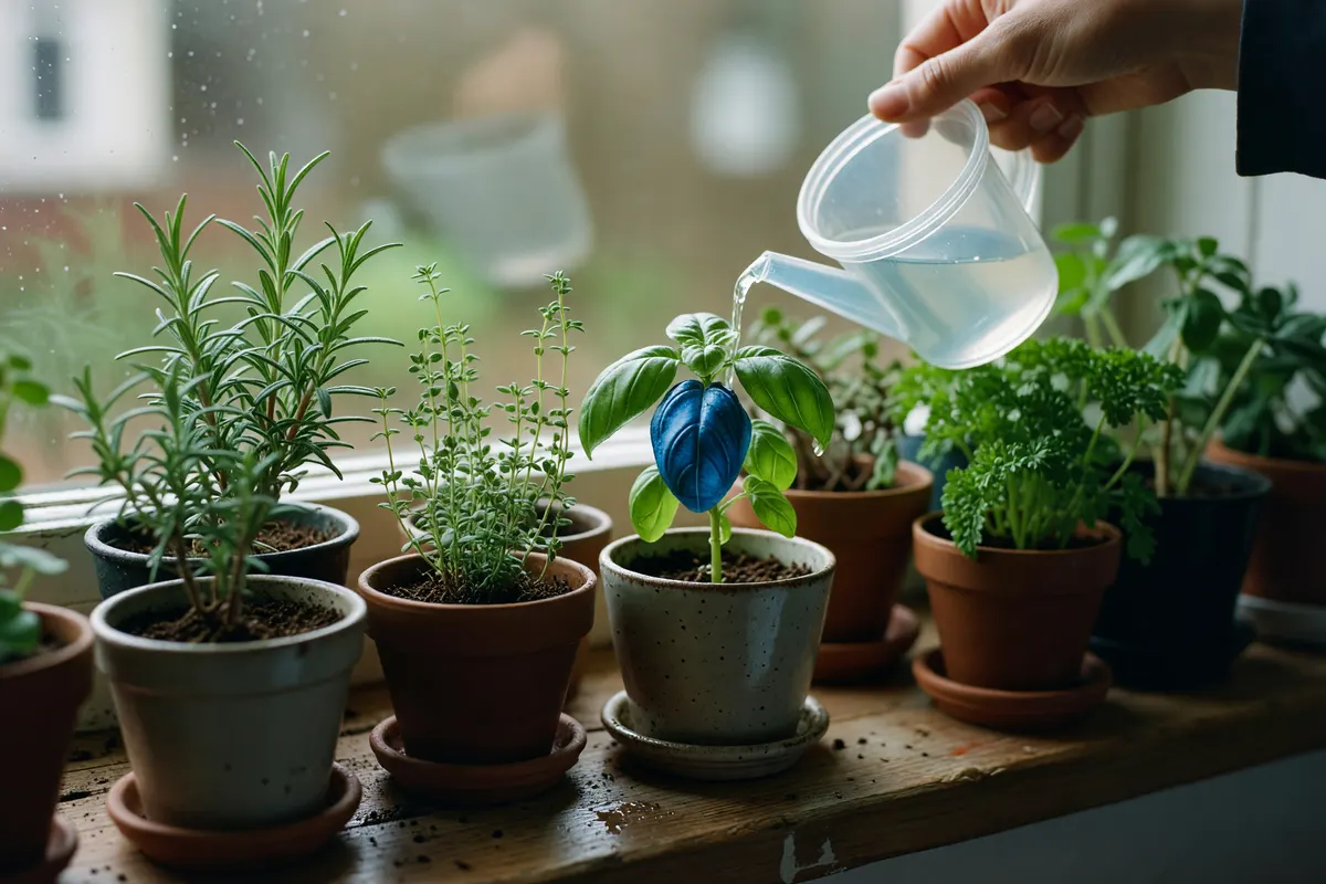 watering the kitchen herbs after the repair