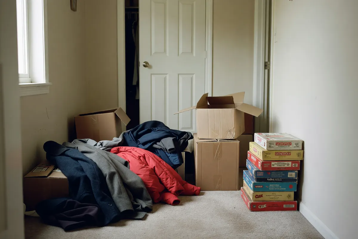 hallway mess after pulling everything out of the closet