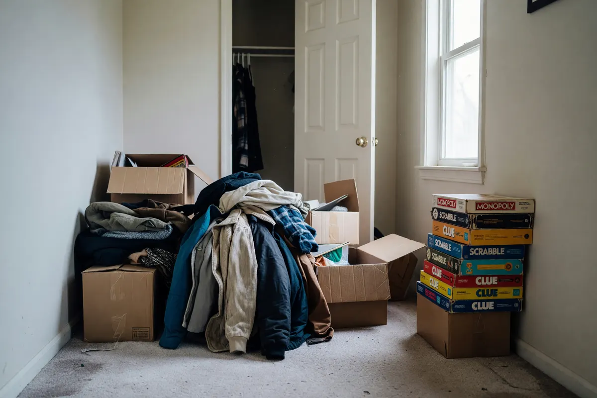 hallway with coats and boxes still on the floor