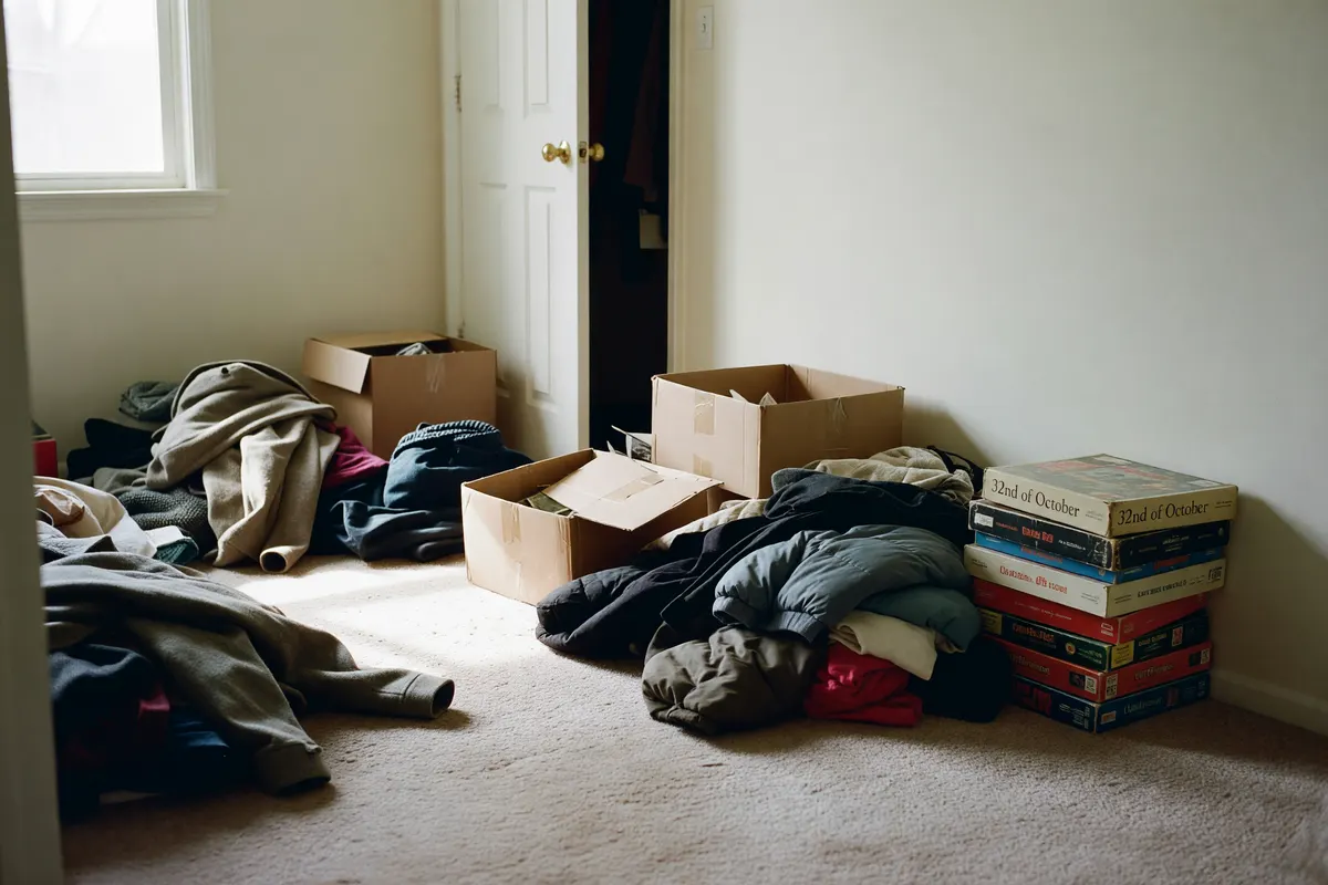 hallway floor with coats, boxes, and games after sorting