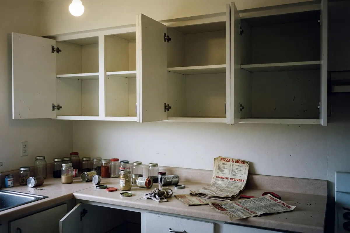 open cabinets and stuff all over the counter