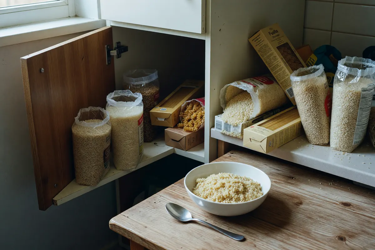 pantry shelf with rice bags and pasta boxes, bowl of quinoa on the table