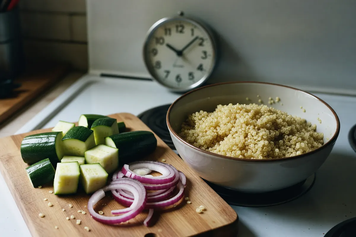 chopped vegetables and quinoa on the counter, clock in the background