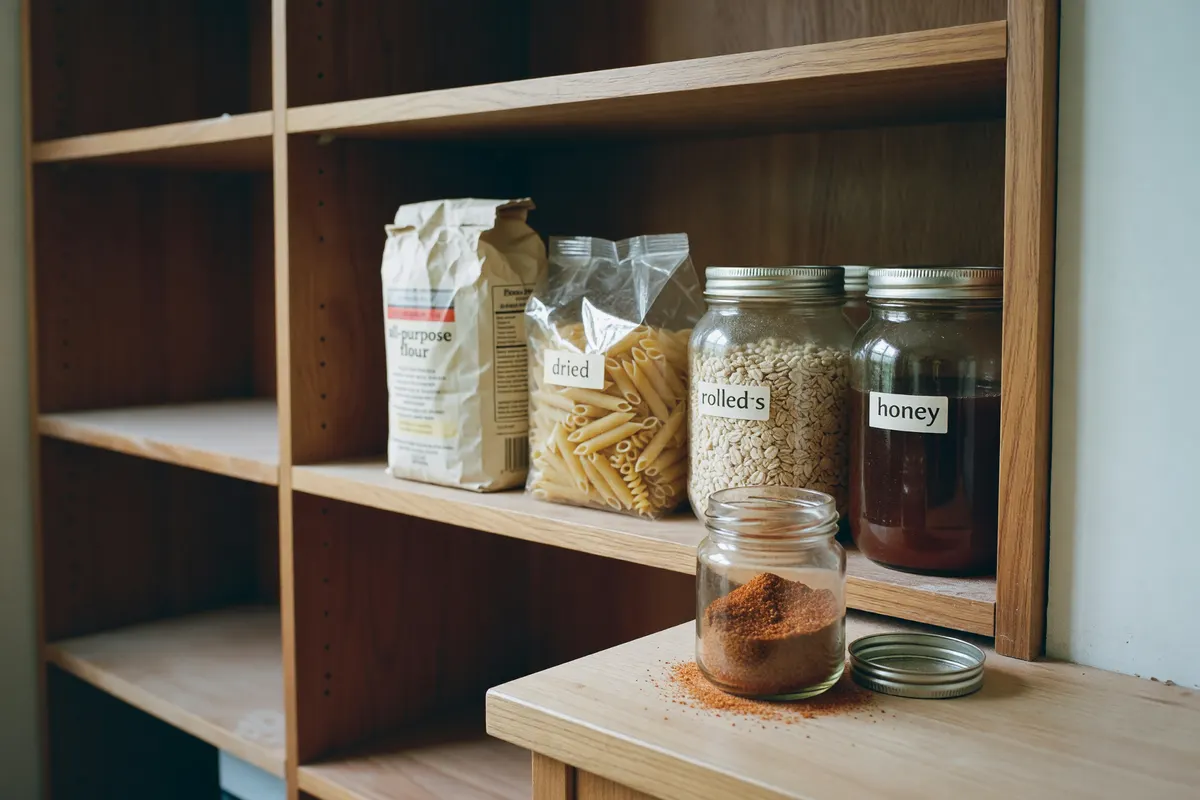 mostly empty pantry shelves after sorting, spice jar on the counter