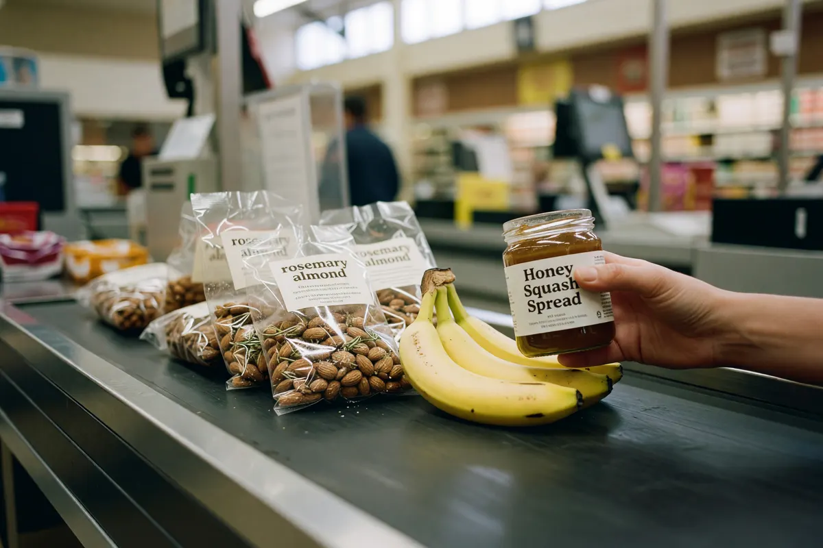 checkout counter with the spread and almonds