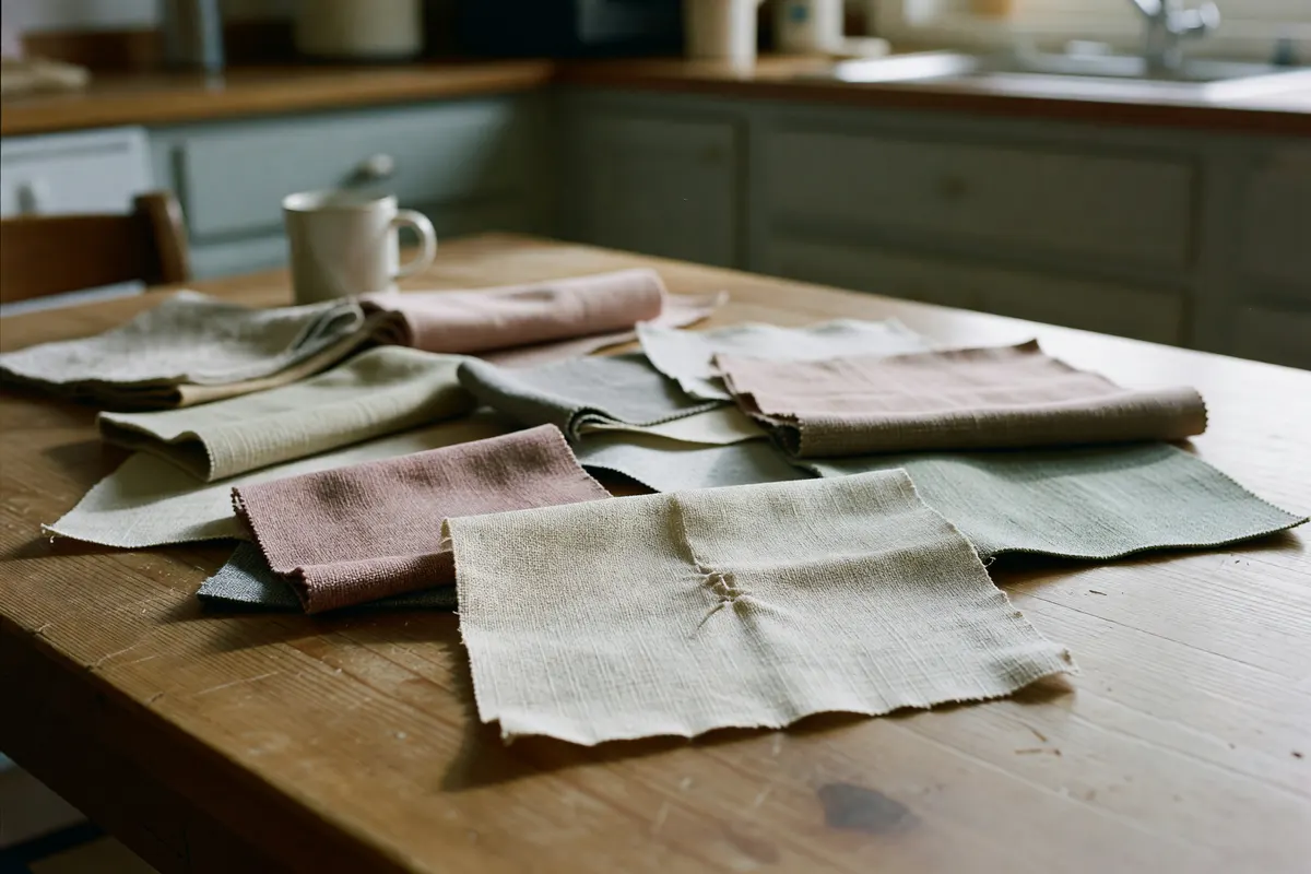 fabric samples on the table by the window