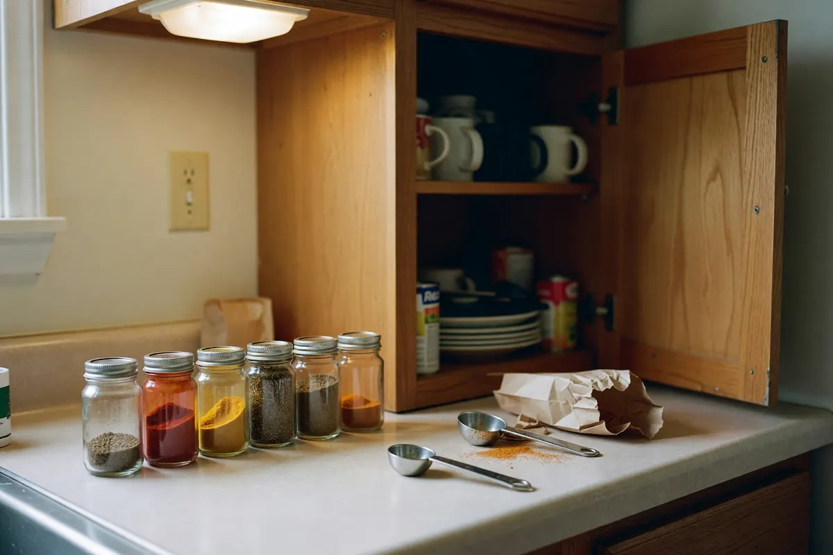 spice jars on the counter by the open cabinet