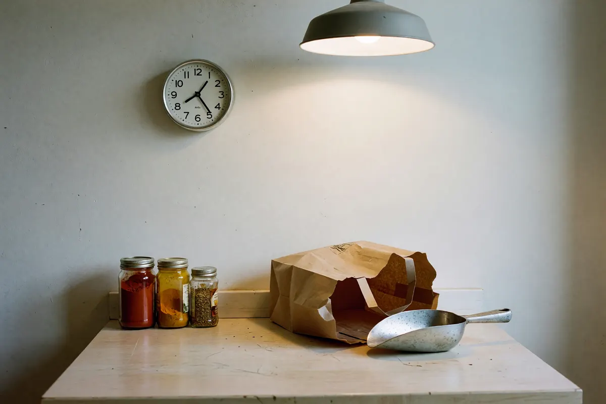 clock on the wall behind the spice jars