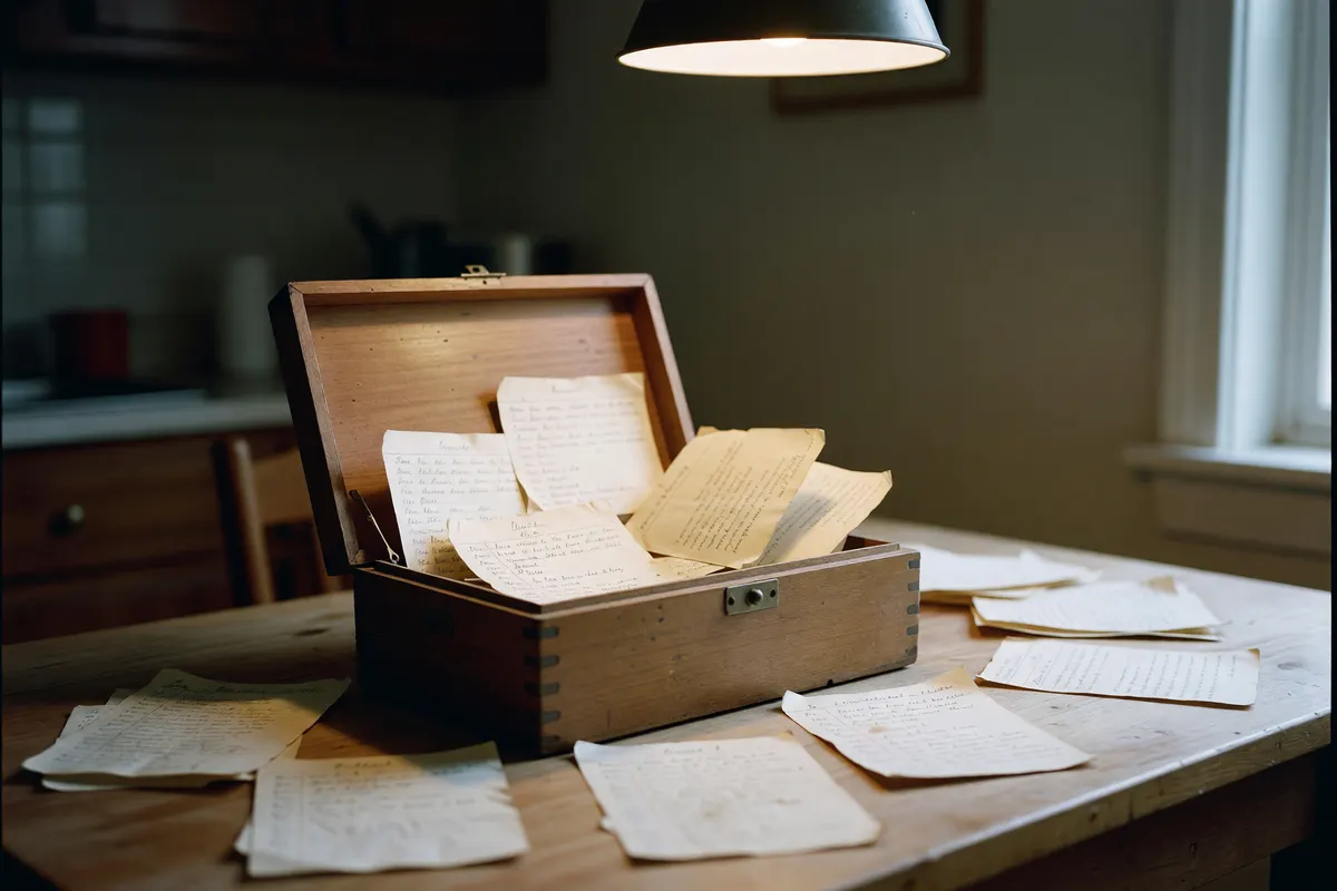 the recipe box open on the table with cards everywhere