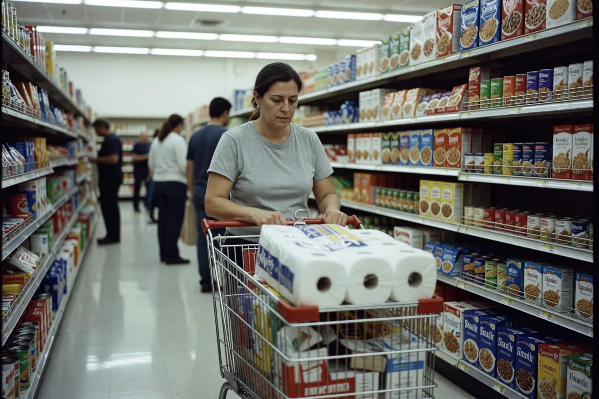 cart rolling past shelves with paper towels already in it