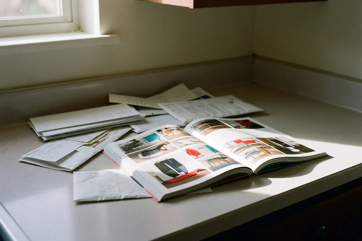 mail and catalog on the counter after unpacking
