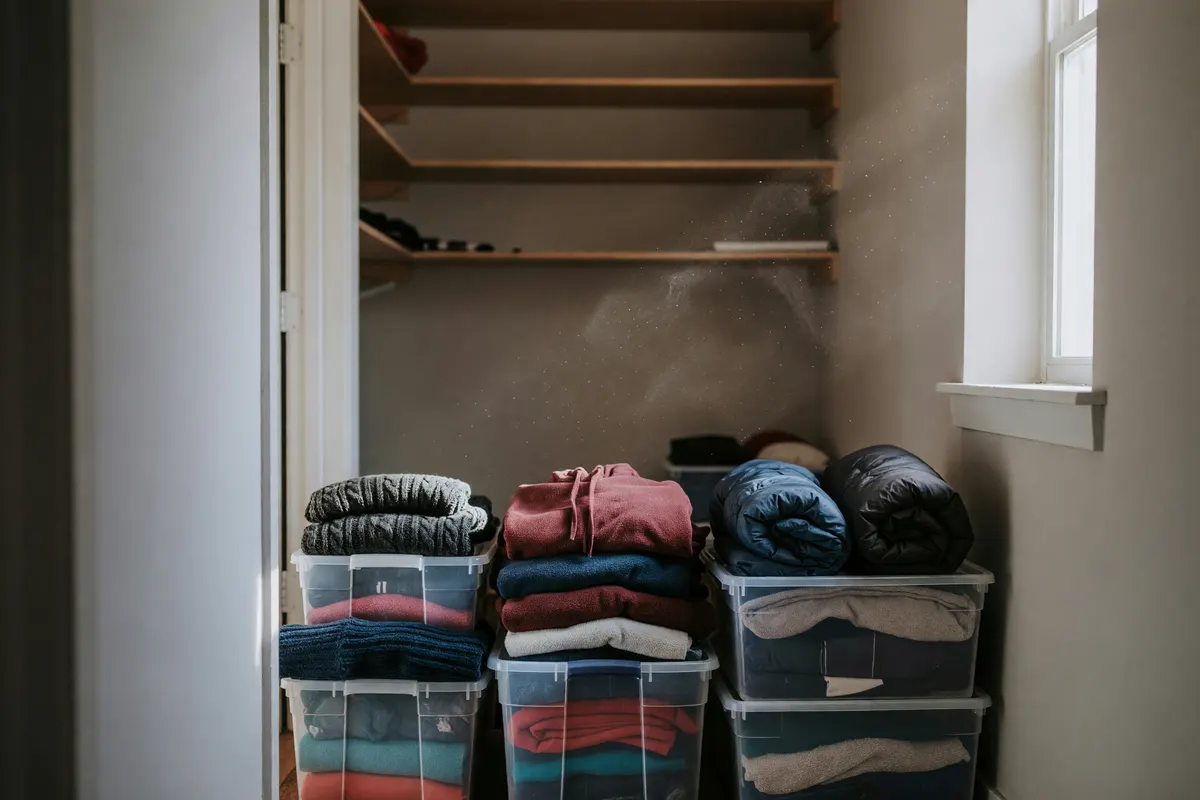 bins stacked on the closet floor, light from the hall