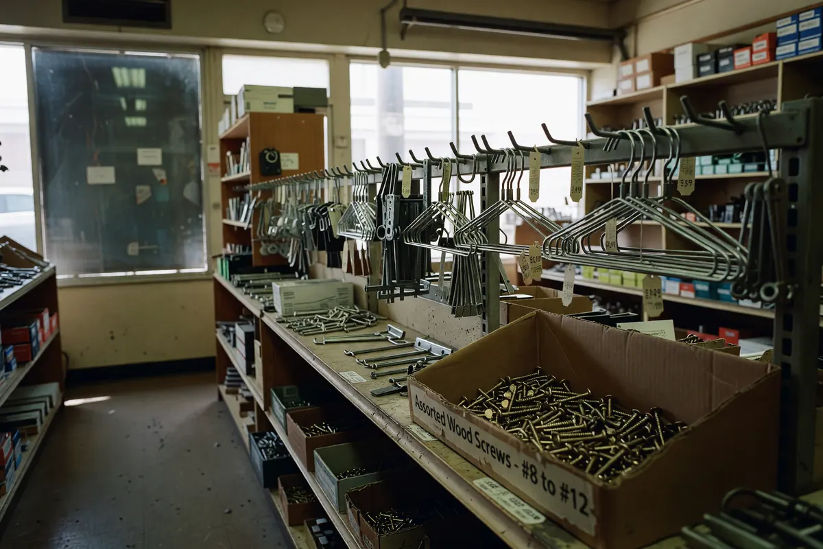 aisle with hangers and screws, one window looks off