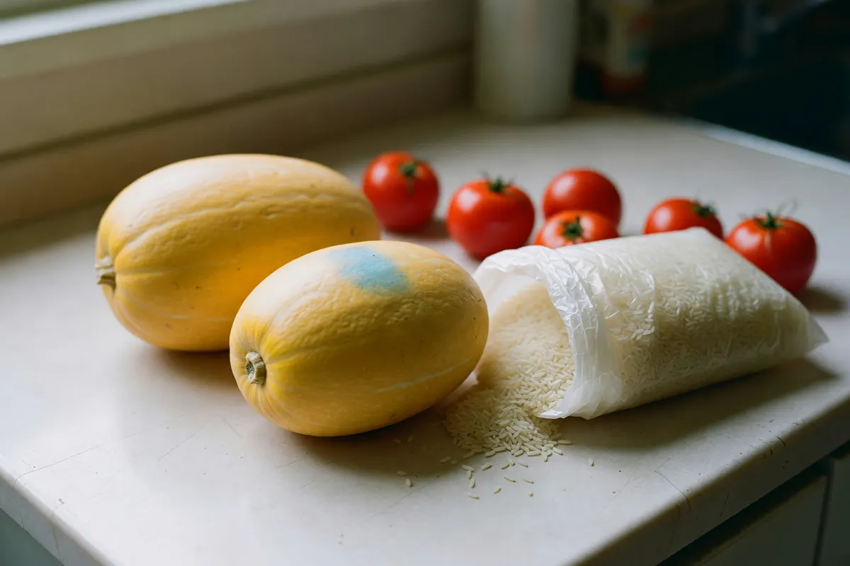 squash and tomatoes on the counter after shopping