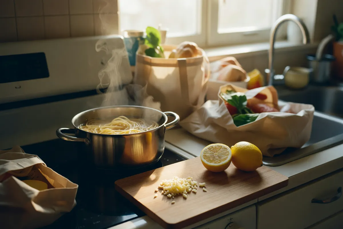 pot on the stove with steam and garlic on the board