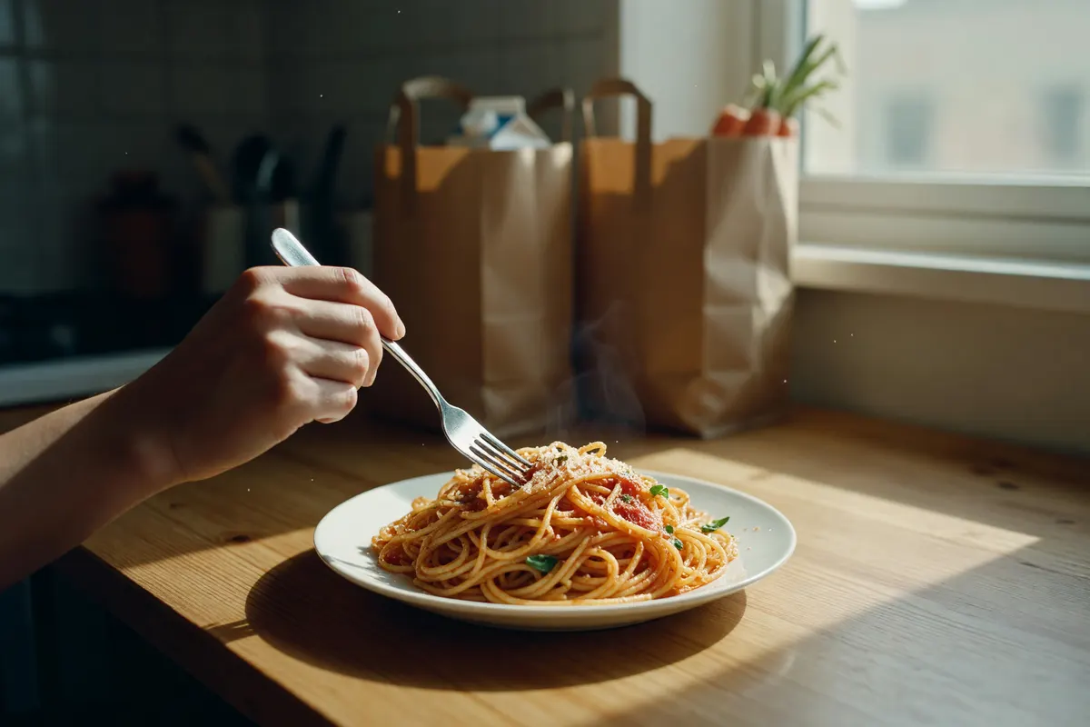 fork in the pasta at the table
