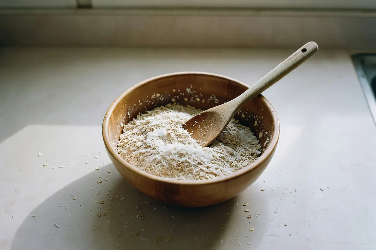 bowl of granola mix on the counter mid-stir