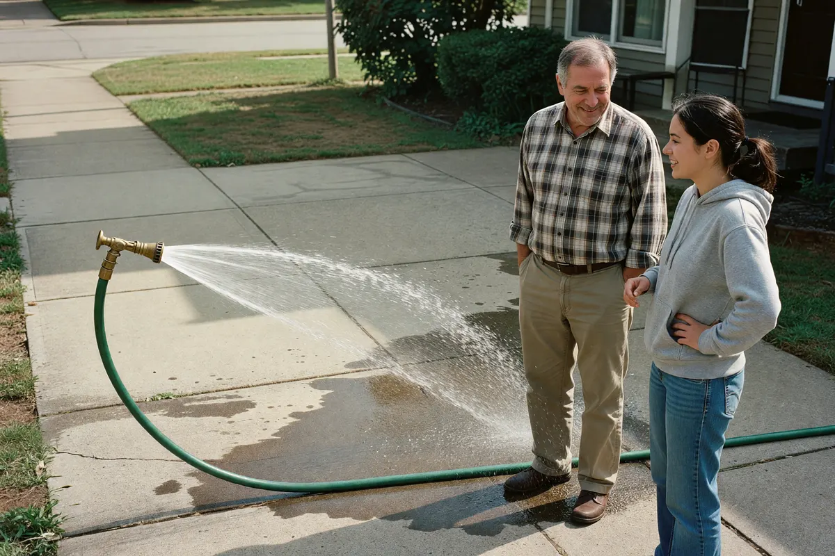 leaky hose making a puddle on the sidewalk