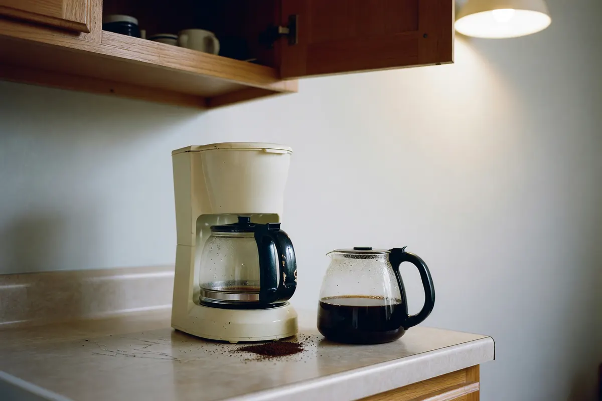 coffee maker with the cabinet door open a bit