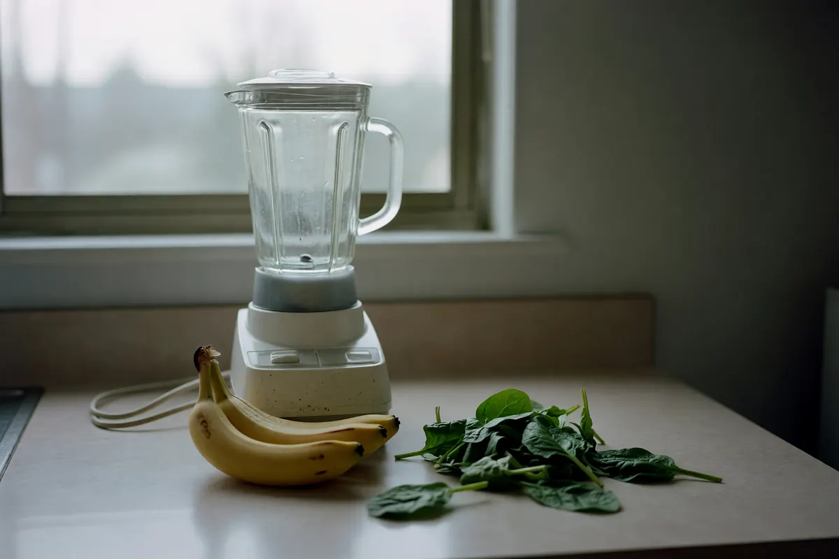 blender on the counter with bananas and spinach