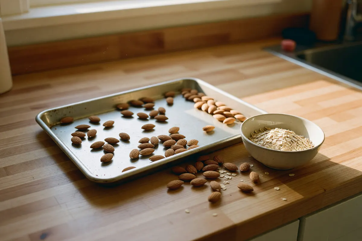 counter with the sheet pan and almonds after roasting