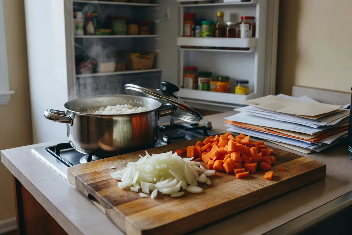 onions and carrots on the board next to the simmering rice