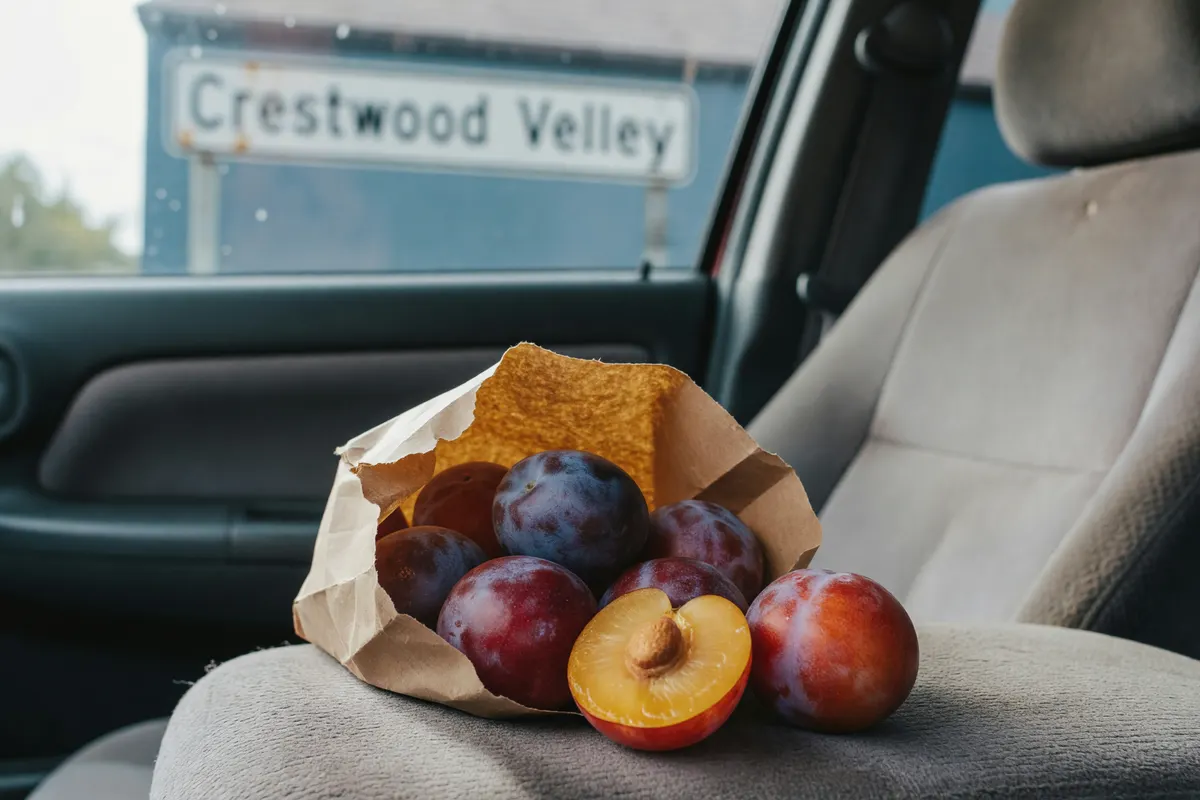 plums in the bag on the passenger seat