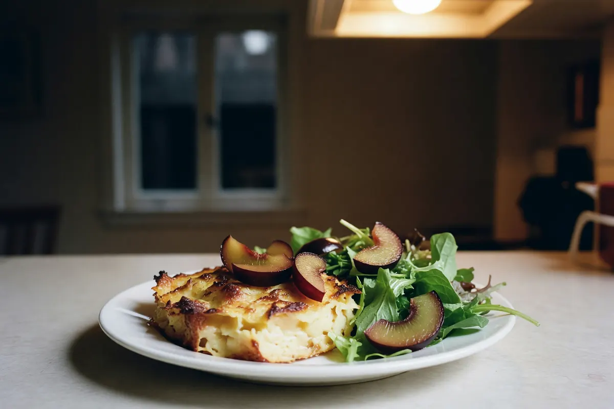 dinner plate with the casserole and plum slices
