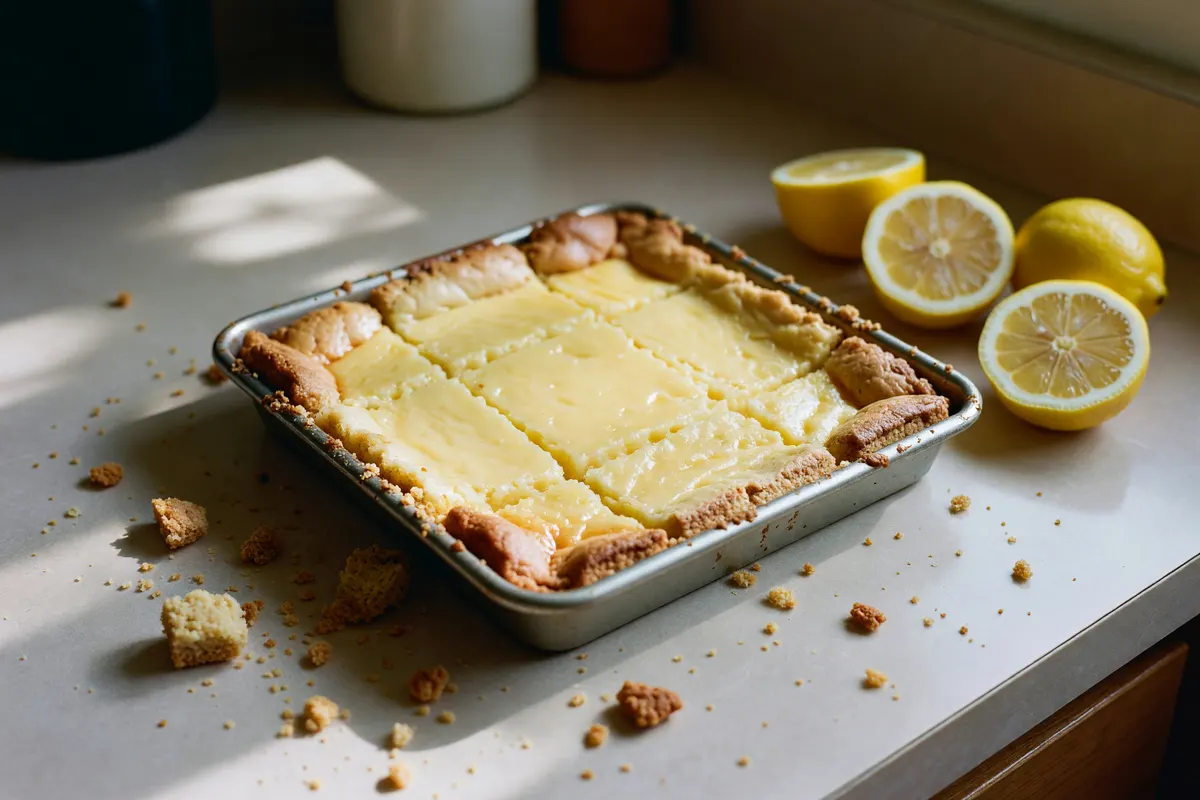 lemon bars on the counter after the first bake