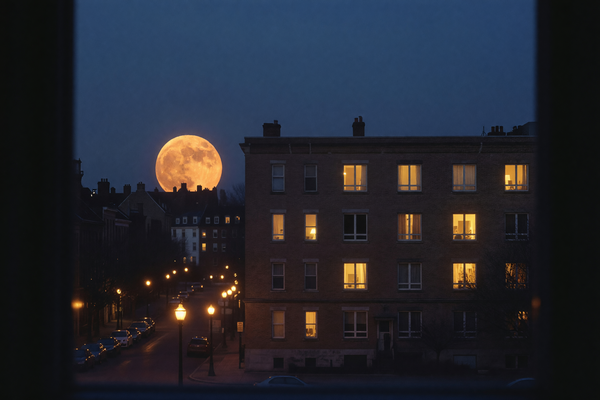 evening view out the window with the moon