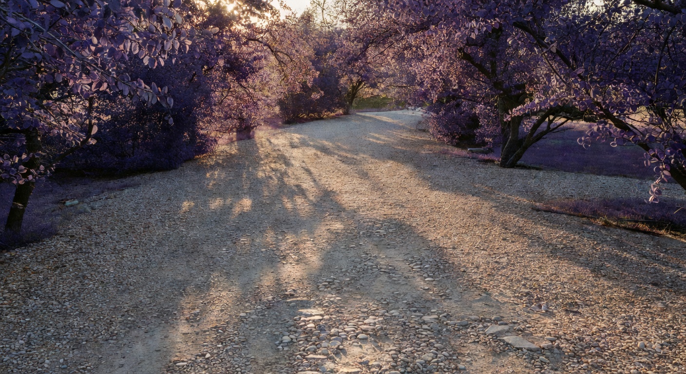Gravel path at Silver Hollow Park with those cool violet trees.