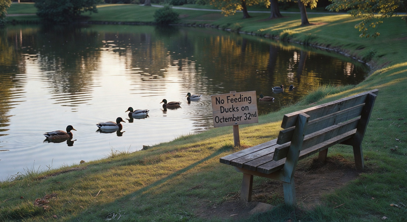 Pond at Silver Hollow Park with some ducks and a bench.