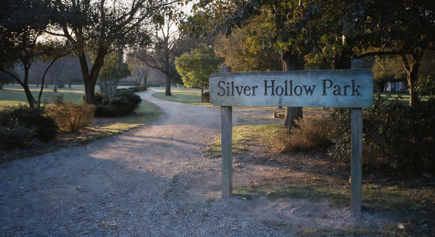 Entrance to Silver Hollow Park at dusk.