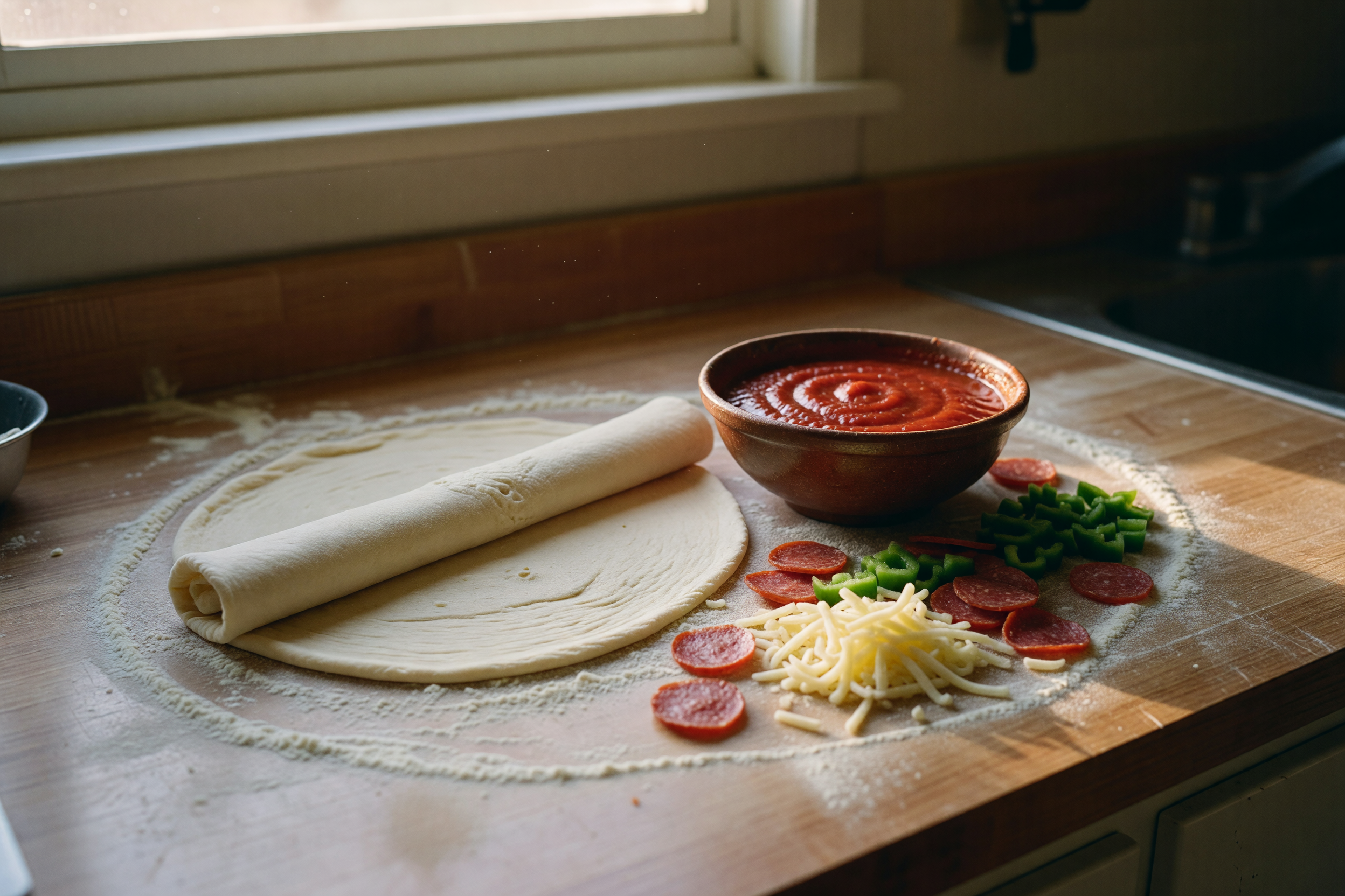 phone snap of the pizza dough mess right after i finished rolling it