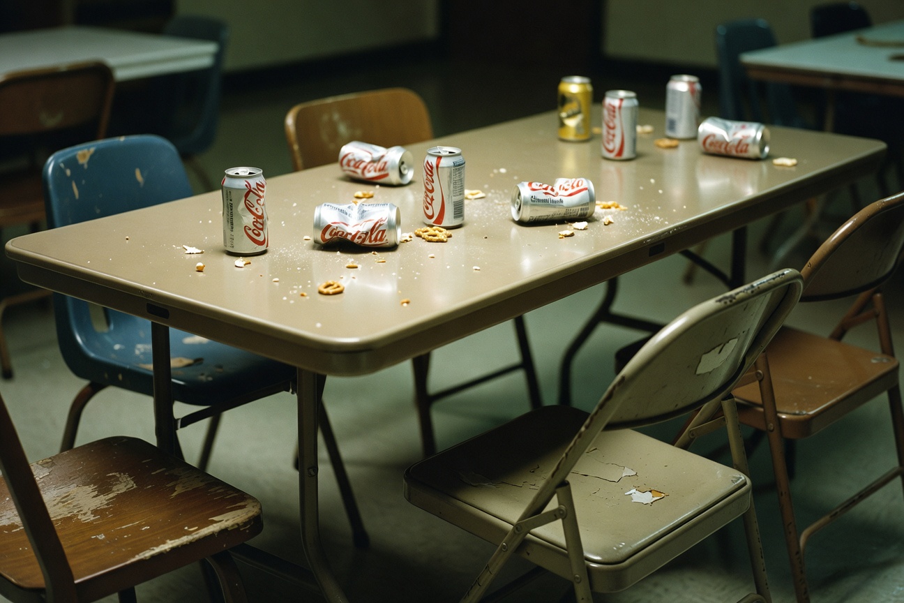 Our trivia night setup with soda cans and pretzel crumbs on the table.