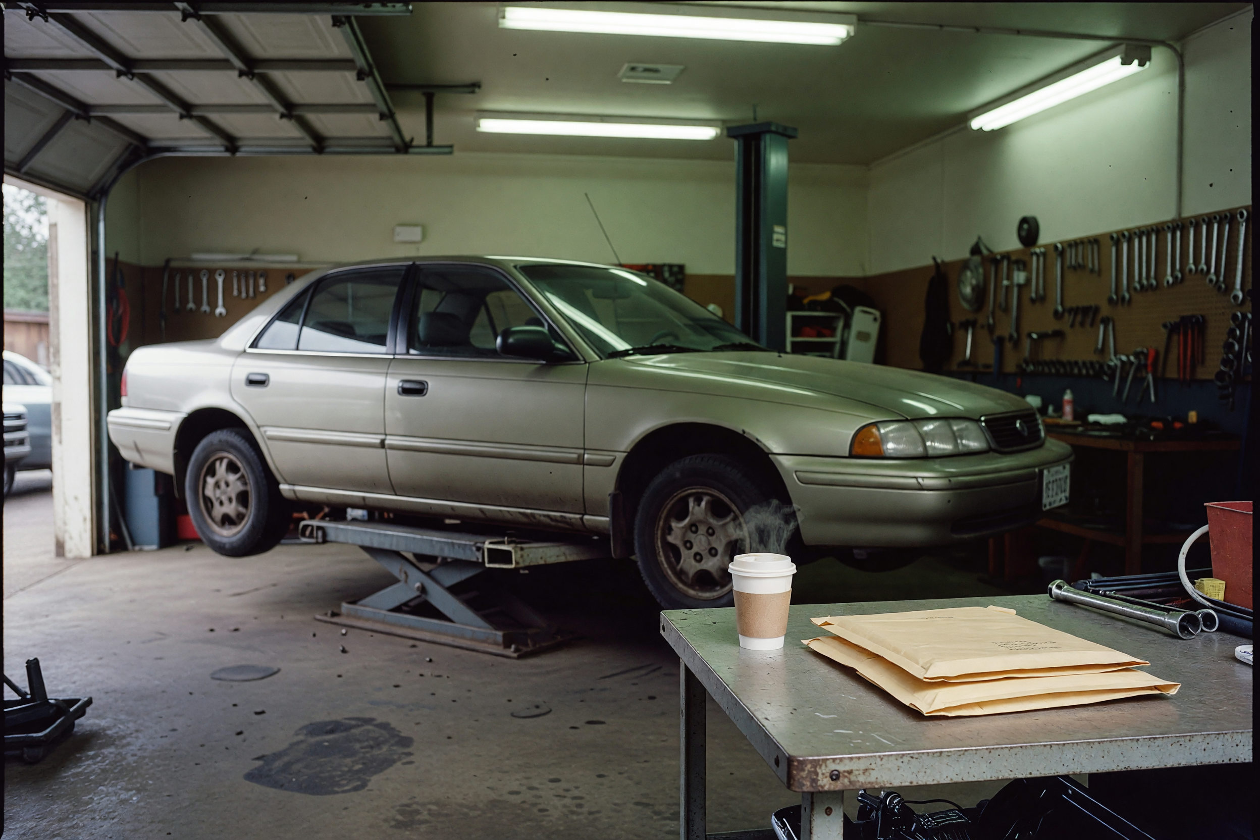 car on the lift at the shop, coffee and mail on the bench