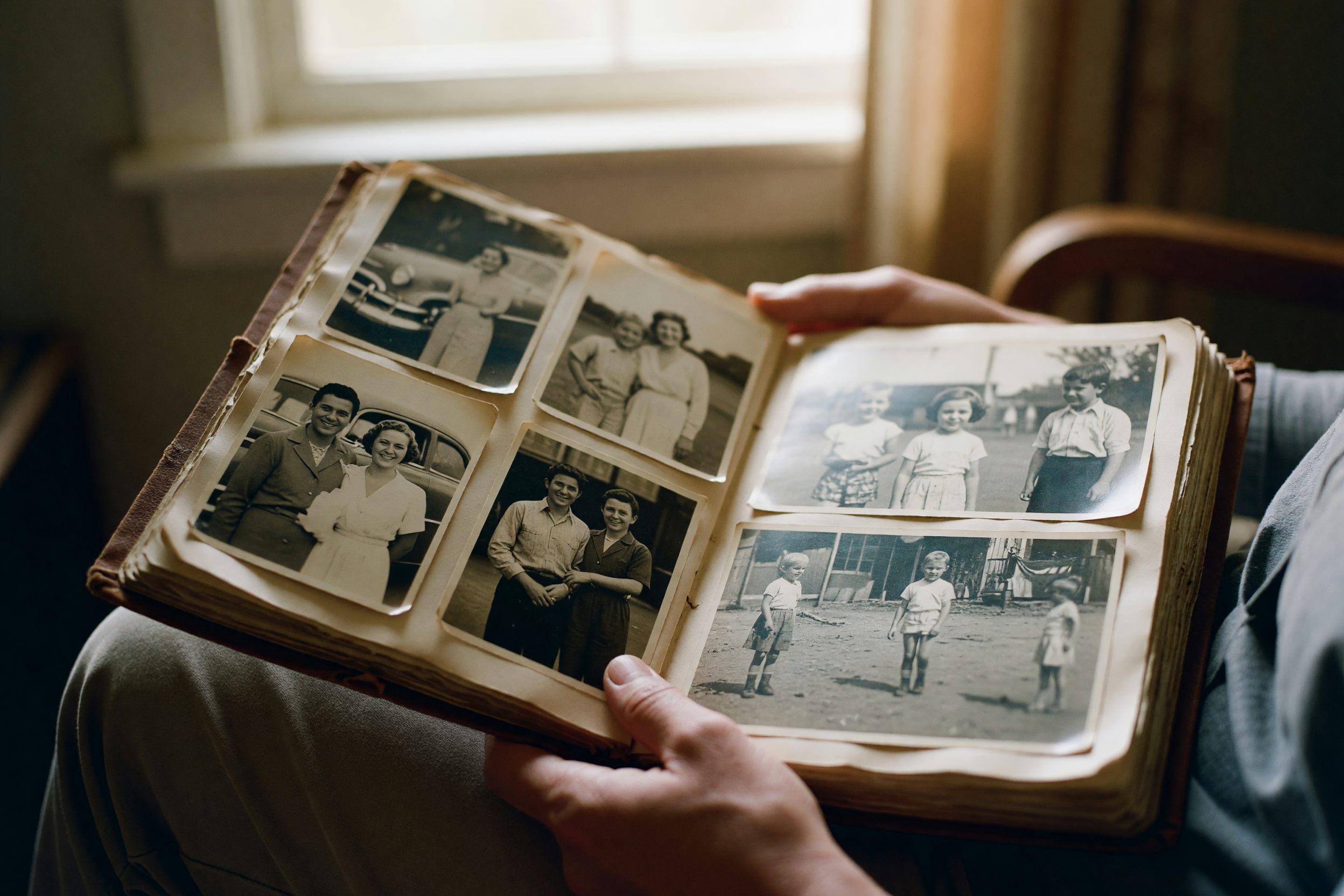 photo album open on my lap, pages kind of curled