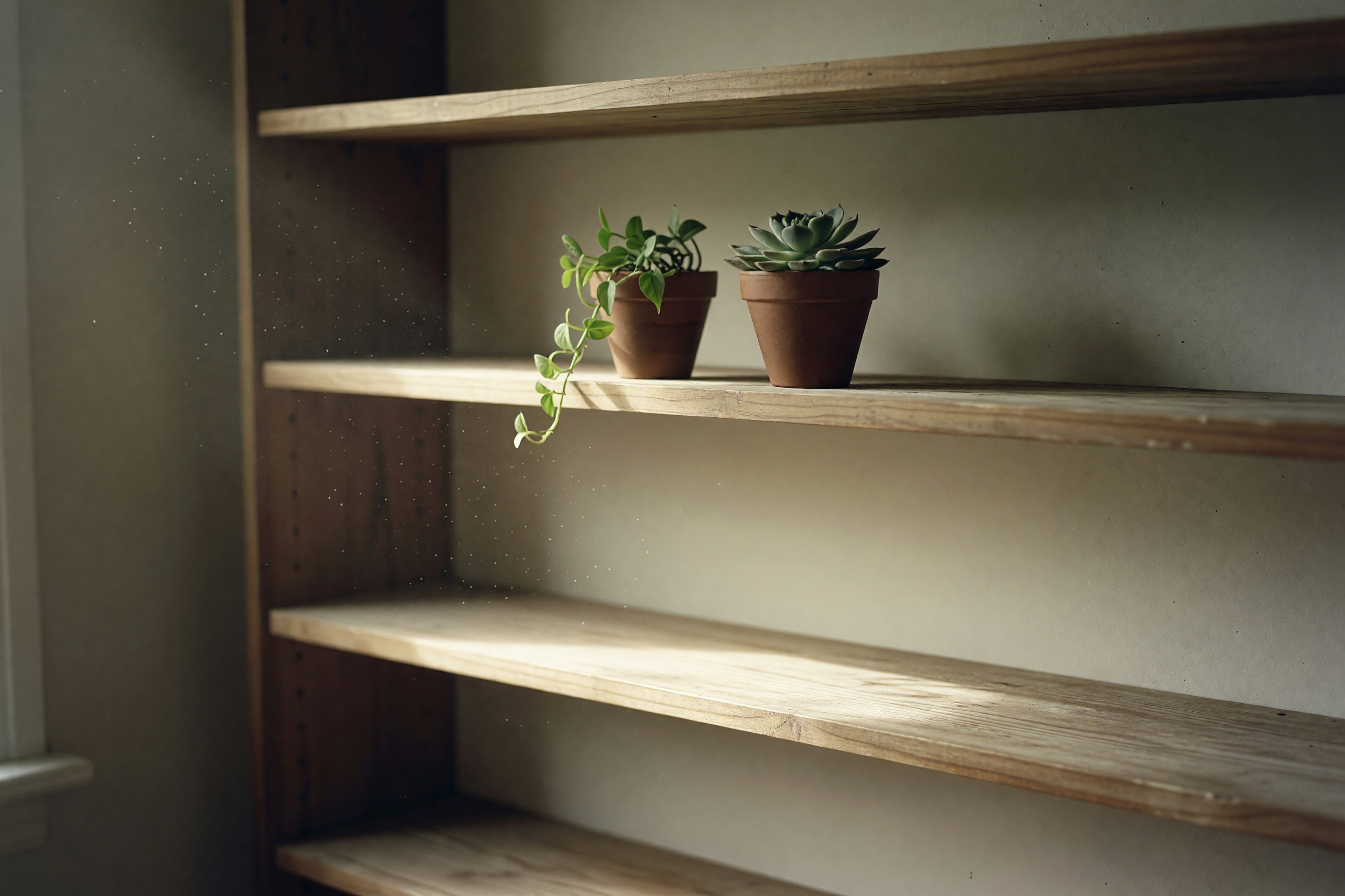 shelves after i moved things around, plants still look a little dusty