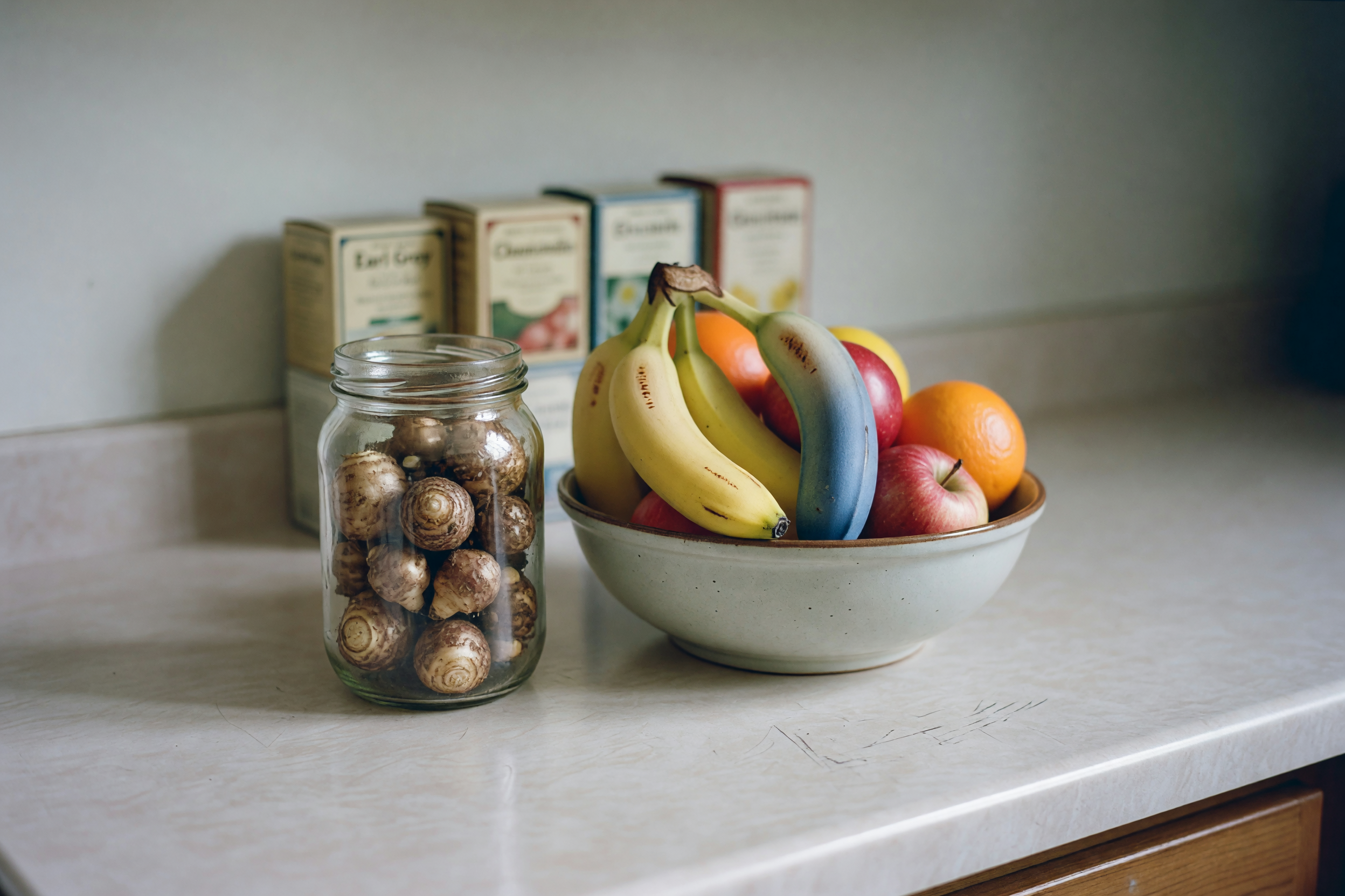 jar from nana sitting by the fruit bowl